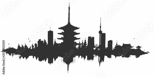 japanese skyline silhouette in minimalist black ink