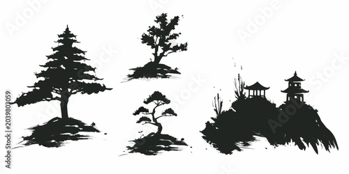 Fotografija Tree And Pagoda Silhouettes In Ink Wash Style White Background