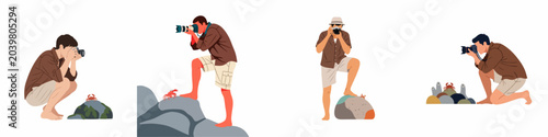 Schilderij op canvas Vector illustration set of a male photographer in various poses capturing images of a small crab on rocks, isolated on white background