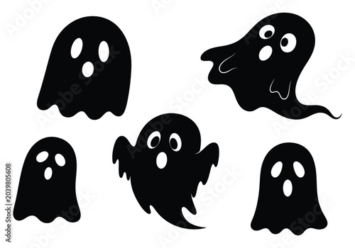 Fotografie Collection of adorable black ghost silhouettes with playful expressions against