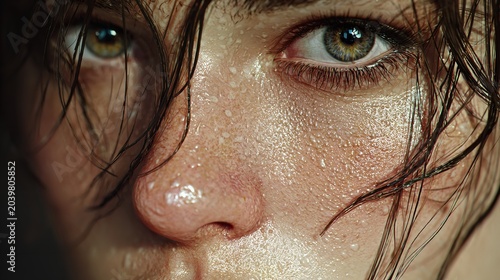 A close-up exploration of intricate details in a young woman's penetrating blue eye and skin texture