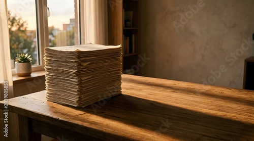 large stack of paper documents on wooden table representing paperwork overload office administration and document management