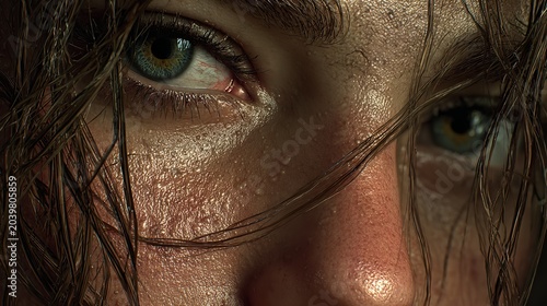 A close-up exploration of intricate details in a young woman's penetrating blue eye and skin texture