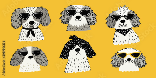 Foto Dogs Wearing Sunglasses A Playful Vector Illustration With Yellow Background