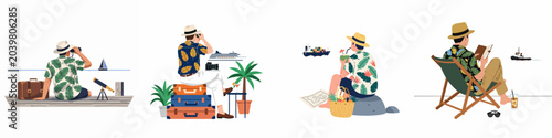 Set of flat vector illustrations featuring a male traveler enjoying various relaxing activities and sightseeing during a tropical summer holiday by the sea.