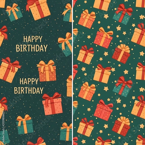 Festive Birthday Gift Pattern with Happy Birthday Text on Dark Green Background