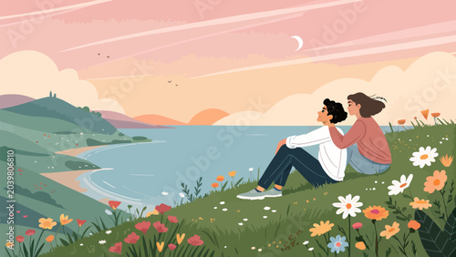 Young couple sitting on a grassy hill overlooking the ocean at sunset
