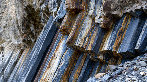 Volcanic basalt hexagonal column formation cliff face, Tertiary period lava flow cooling fracture geometry, columnar jointing producing near-perfect prismatic tessellation, geological timescale stru