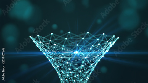 Glowing digital network funnel structure with bright light and bokeh effects on dark teal background
