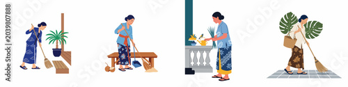 Tableau sur toile Flat illustration set of Indonesian women in traditional kebaya and batik sarongs performing daily household chores including sweeping and gardening