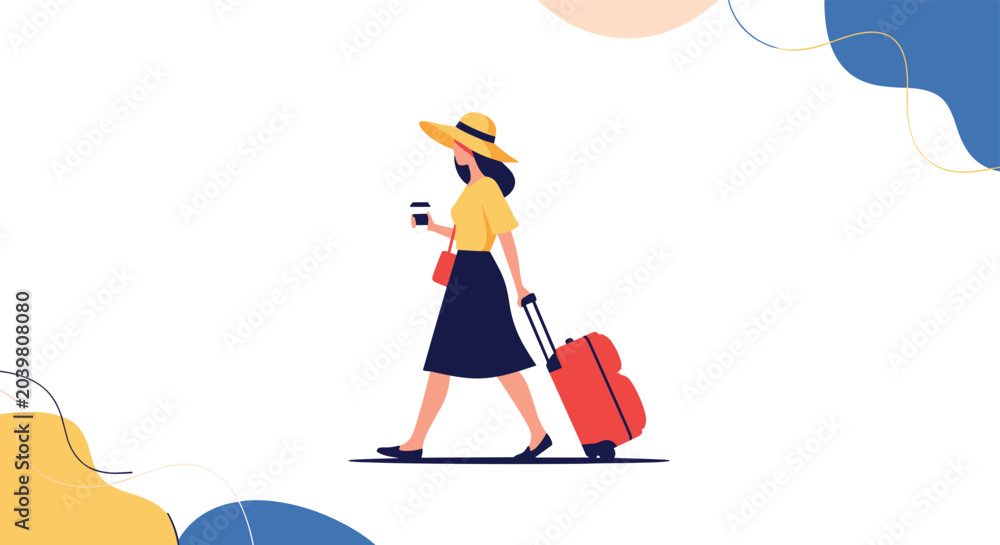Fototapeta premium Young woman in a yellow shirt and sun hat walking with a red suitcase and holding a coffee cup for travel.