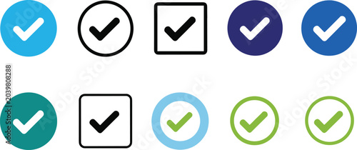 Check mark and tick icon set with circle square check boxes for approval verification success interface design