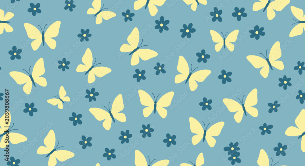 Fototapeta premium Charming seamless pattern of yellow butterflies and dark blue flowers scattered on a soft blue background perfect for seasonal spring decorations.