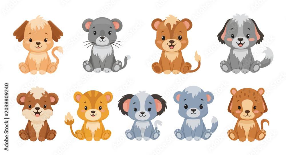 Fototapeta premium Cute Cartoon Baby Animals Illustration Set