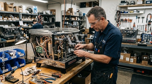 Professional Technician Fixing Coffee Machine in Workshop – Repair Service