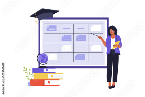 Illustration Teacher Explaining School Curriculum on Board. A female teacher pointing at an organized school curriculum schedule on a white board next to stacked books