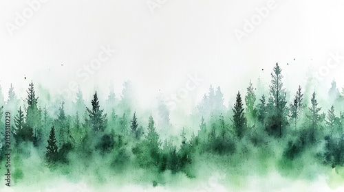 Lush trees blend softly with dawn's mist their green silhouettes rising gently