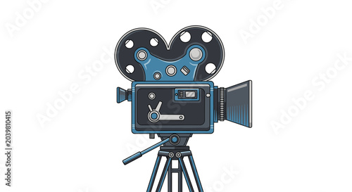 Retro blue cinema camera sits on a sturdy tripod ready for filming, presented as a clean vector illustration on white.