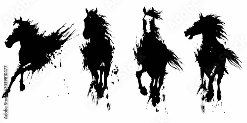 Εκτύπωση καμβά Black Ink Splatter Horse Silhouettes On White Background