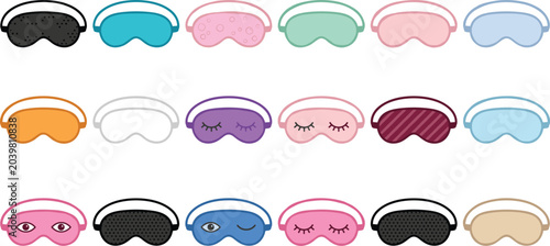 Colorful Sleep Eye Mask Icon Set with Various Styles and Designs for Rest, Travel, Relaxation and Wellness Themed Projects