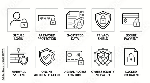 Fotografi Cybersecurity and internet data protection icon set.