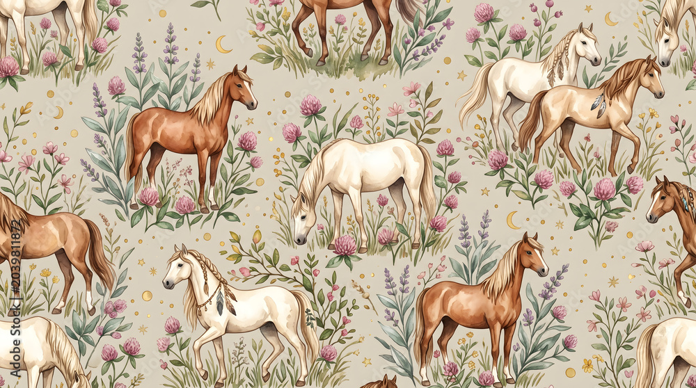 Obraz premium Seamless boho watercolor pattern with wild horses, clover flowers, and crescent moons on a beige background. Cute equestrian rustic surface design digital illustration for kids apparel and fabric.