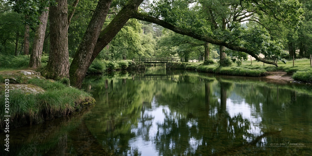 Fototapeta premium A peaceful river flows gently through a lush green landscape, reflecting the surrounding trees in its calm waters, creating a serene and tranquil atmosphere for relaxation.