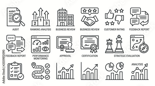 Tableau sur toile Collection of business review and evaluation line icons.