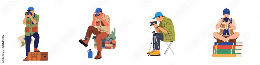 Fototapeta premium Set of flat vector illustrations featuring male photographers in different outdoor travel and adventure scenarios, using cameras and equipment on a white background.