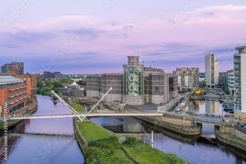 Schilderij op canvas Leeds Dock in Leeds, West Yorkshire, England, aerial view of the regenerated waterfront, marina, modern apartments and canal side development