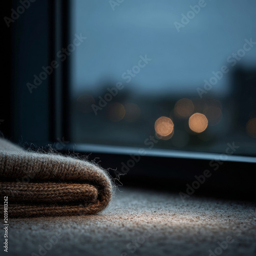 Macro texture of luxury wool blanket and glass window with night sky bokeh