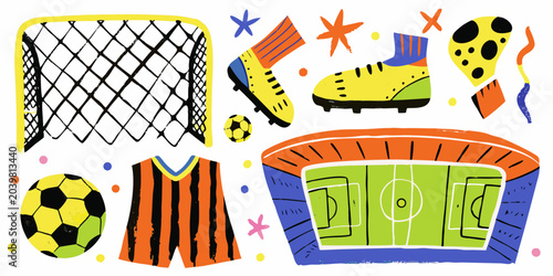 Colorful Soccer Kit Doodle Illustration With Ball Goal And Boot