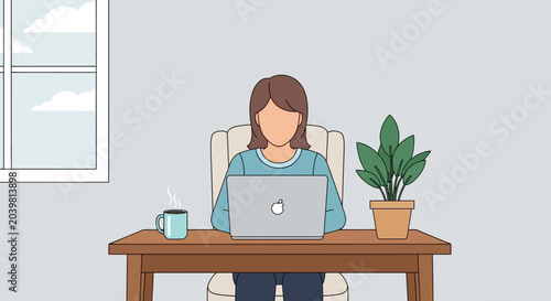 Businesswoman working on laptop computer at office desk vector illustration