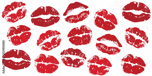 Bild auf Leinwand Collection Of Red Lipstick Kiss Marks On White Background