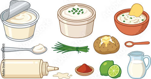 Foto Sour Cream and Ingredient Vector Illustration Featuring Bowls, Chives, Potato, L