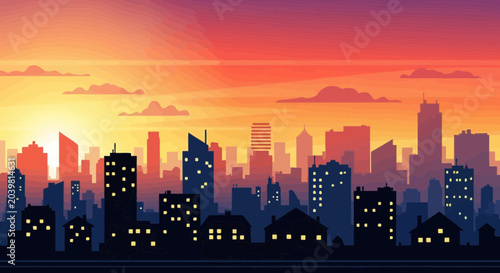 Pixel Art Cityscape at Sunset with Colorful Sky and Silhouetted Buildings