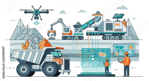 Tableau sur toile Modern Mining Technology: Drone, Excavator, Truck & Data Analysis