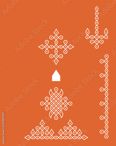 Beautiful Indian Traditional and Cultural Rangoli or Kolam design concept of line drawing isolated on orange background - vector illustration