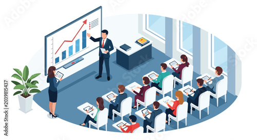 Professional lecture or seminar where a presenter shows financial data to a group of students or employees in a classroom.