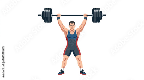 Man lifting heavy barbell overhead during weightlifting competition.