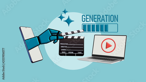 AI Video Generation and Automated Content Creation, Artificial Intelligence Media Production, Digital Storytelling, Generative Technology, Creative Workflow and Video Marketing Concept