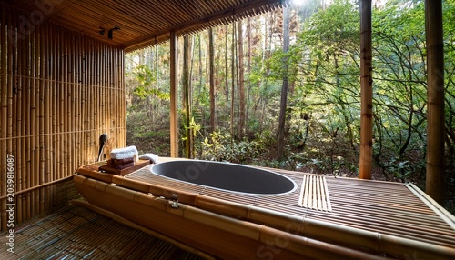 luxury bamboo spa bathtub in serene forest retreat with natural light zen wellness interior and japanese inspired relaxation