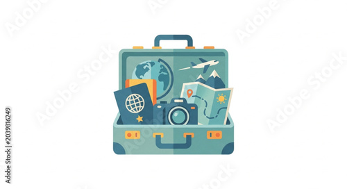 Open travel suitcase filled with vacation essentials and accessories.