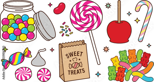 Photos Candy and Sweet Vector Illustration Featuring Lollipop, Gumballs, Candy Cane, Ch