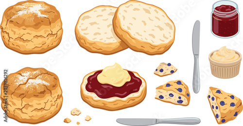 Foto Delicious Scones with Jam and Cream Vector Illustration Featuring Pastry Slices,
