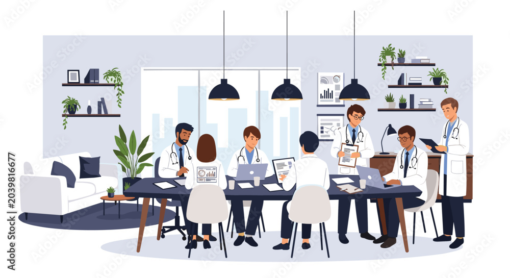 Fototapeta premium Large group of doctors and healthcare specialists sit around a modern conference table to discuss medical research and patient data.