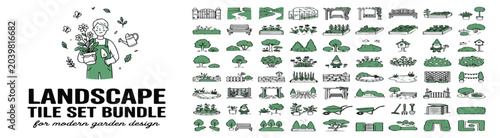 Fotografie Landscape tile set bundle for modern garden design, green garden icons and outdo