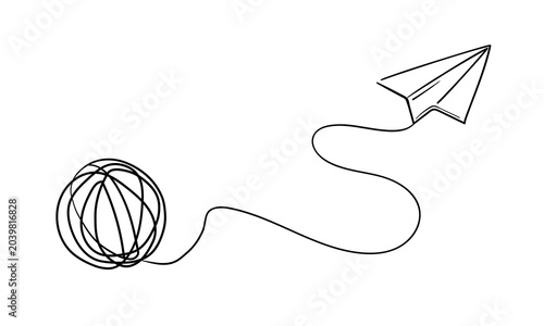 Cuadro en lienzo Continuous one line drawing of mental health concept with paper plane and tangled ball