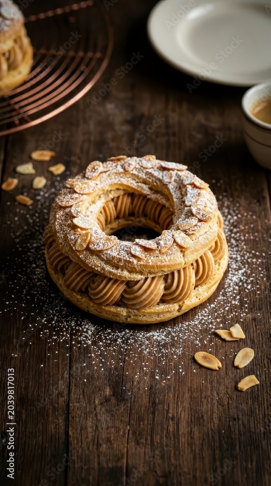 Fototapeta premium Paris-Brest pastry with praline cream and almonds on dark wood