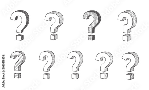 Eight hand drawn question marks in a grid pattern symbol punctuation query